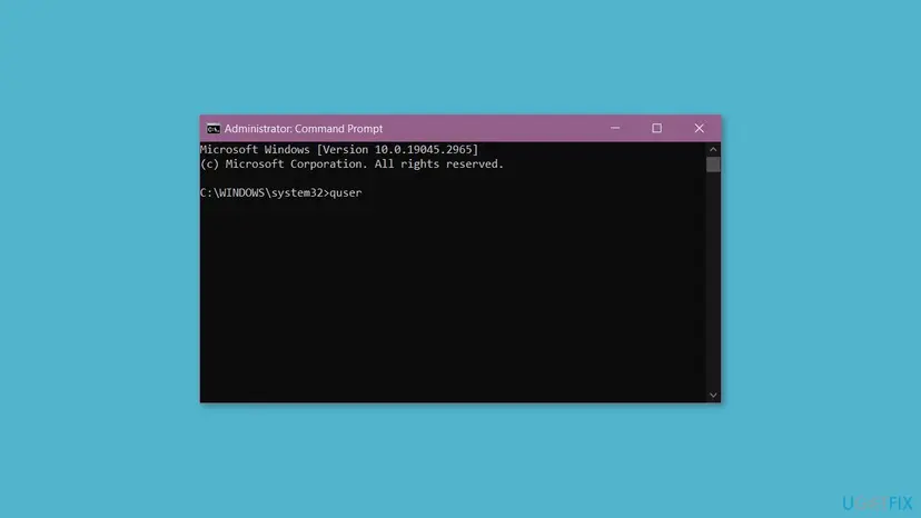 Administrator Command Prompt window with the quser command typed, used to list the users signed in to the remote PC