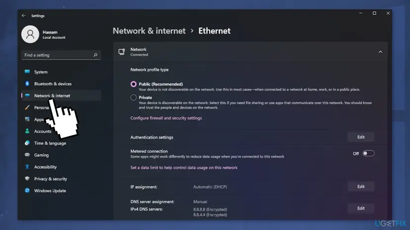 Windows 11 Settings, Network and internet, Ethernet page with Network profile type set to Public and the Private network option below it