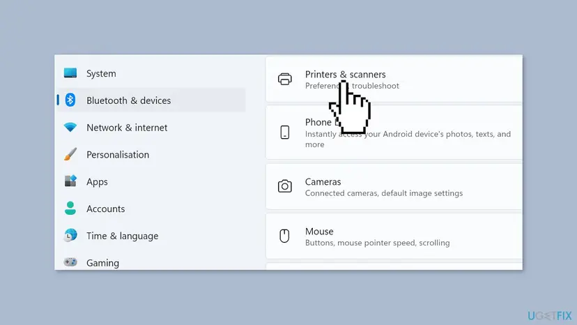 Windows 11 Settings with Bluetooth & devices selected and the pointer on Printers & scanners, the page that lists printers and their queues