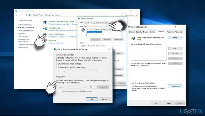 Control Panel Network and Internet, Internet Properties on the Connections tab, and the Local Area Network (LAN) Settings window with the proxy server box