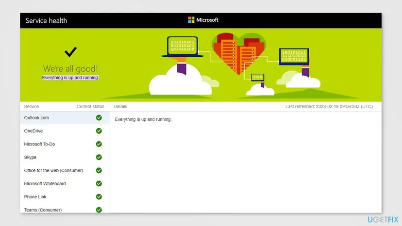 Microsoft Service health page saying We're all good, Everything is up and running, with consumer services such as Outlook.com and OneDrive marked green