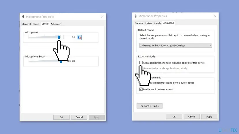 Microphone Properties on Windows 10 with the Levels tab showing the Microphone slider at 94 and the Microphone Boost slider at +10.0 dB, and the Advanced tab with exclusive mode unticked