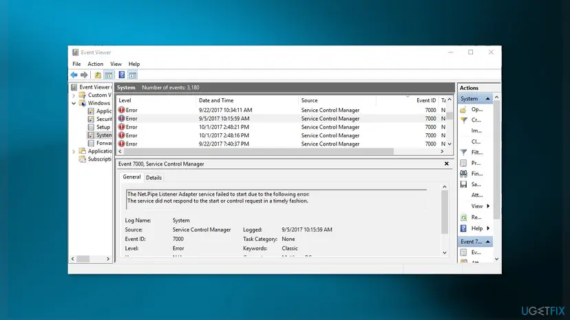 Event Viewer with Windows Logs System open, several Error entries from Service Control Manager with Event ID 7000, and the General tab of one entry naming the Net.Pipe Listener Adapter service