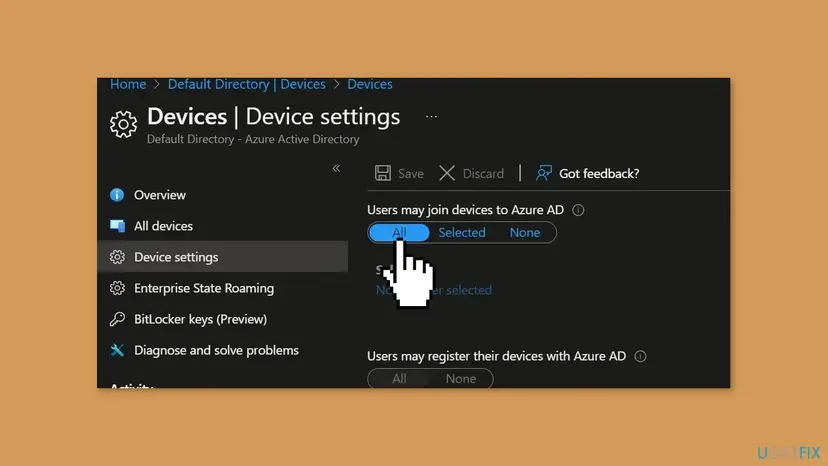 Device settings page in the Azure portal with Users may join devices to Azure AD set to All and the Selected and None options next to it