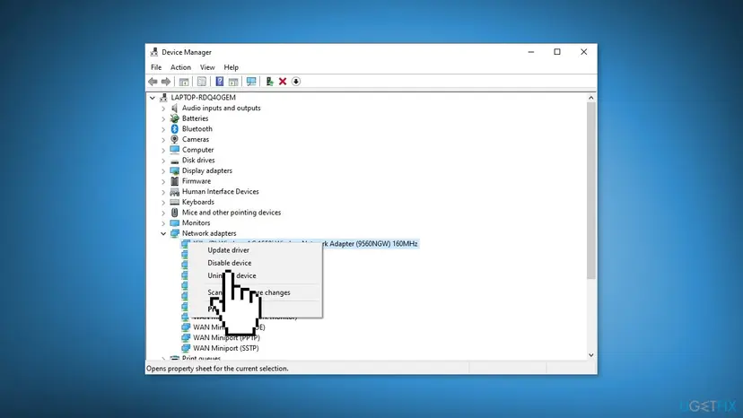 Device Manager on Windows 10 with Network adapters expanded and the right-click menu showing Update driver, Disable device and Uninstall device