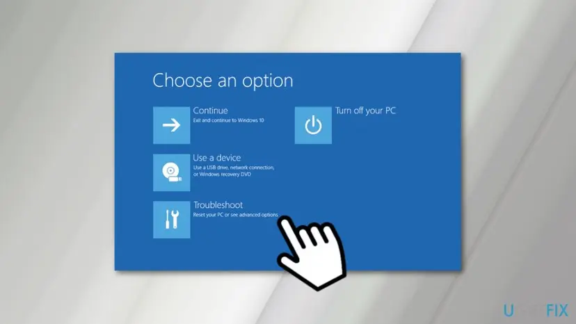 Choose an option screen of the Windows Recovery Environment with Continue, Use a device, Troubleshoot and Turn off your PC tiles