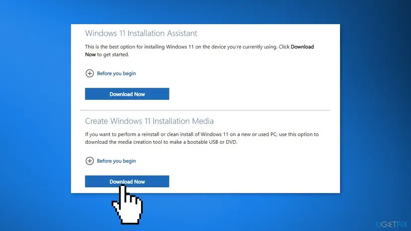 Microsoft Download Windows 11 page with the Installation Assistant, installation media and disk image ISO sections