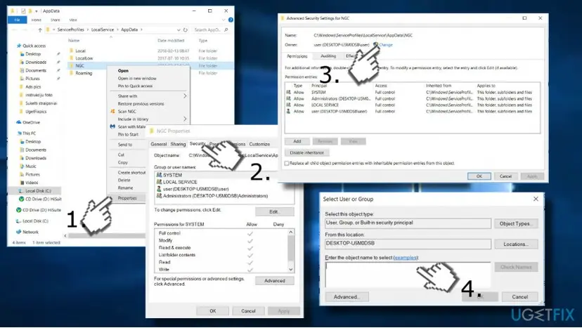 Windows 10 File Explorer with the NGC folder Properties, the Security tab, Advanced Security Settings with the Owner Change link and the Select User or Group box