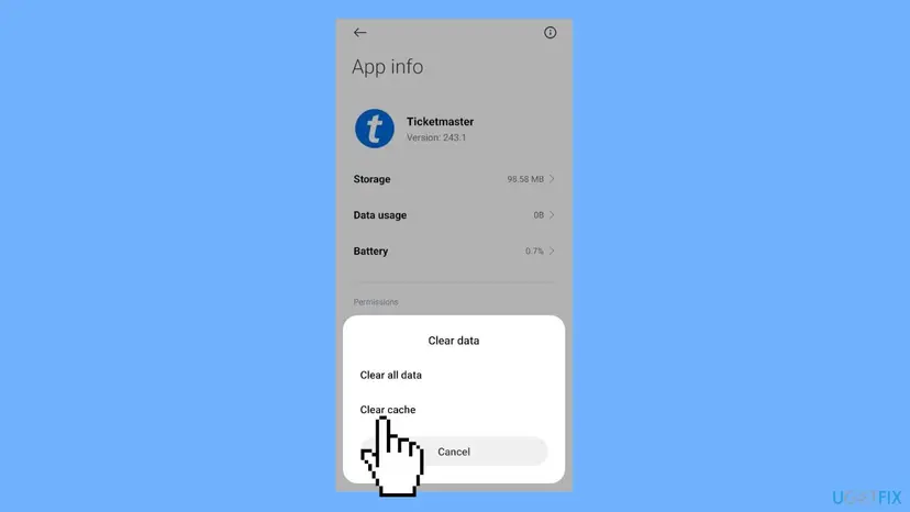 Android app settings for Ticketmaster with Clear Data and Clear Cache, used to clear the app cache after U521