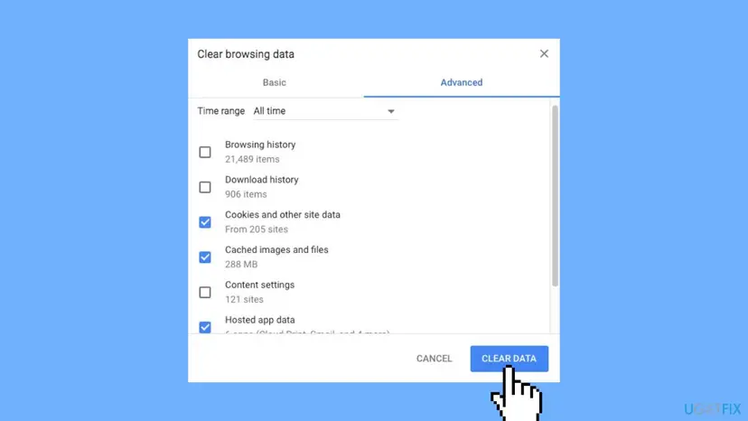 Chrome Clear browsing data window with cookies and cached images ticked, used to clear stored Ticketmaster website data