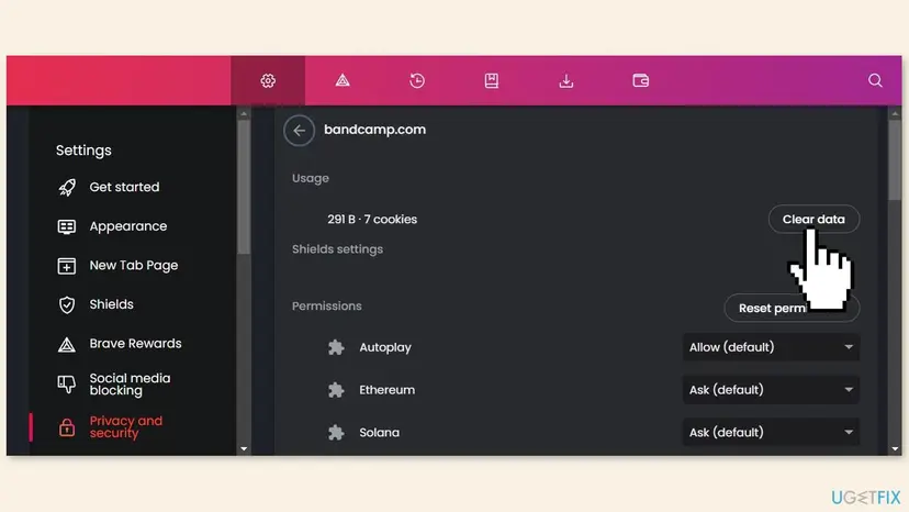 Brave browser site settings page with the cursor on the Clear data button