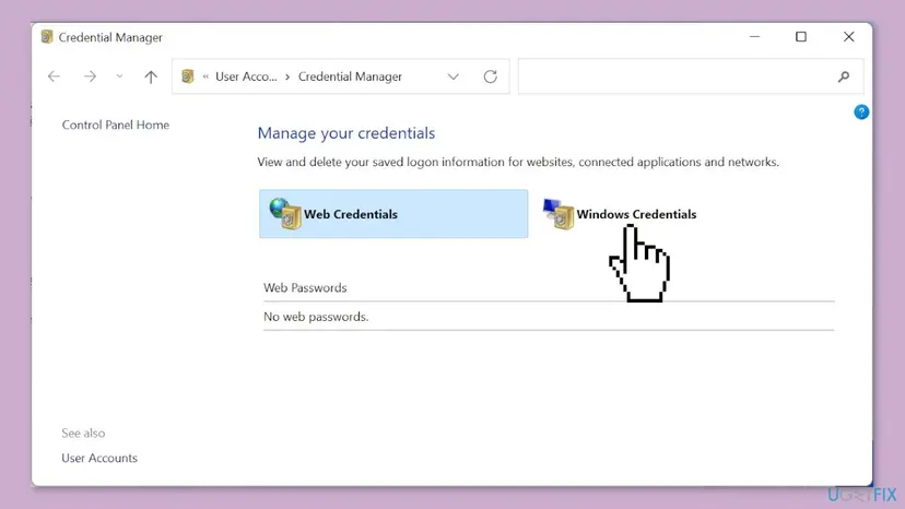 Credential Manager window with Manage your credentials, Web Credentials and Windows Credentials, and a pointer on Windows Credentials