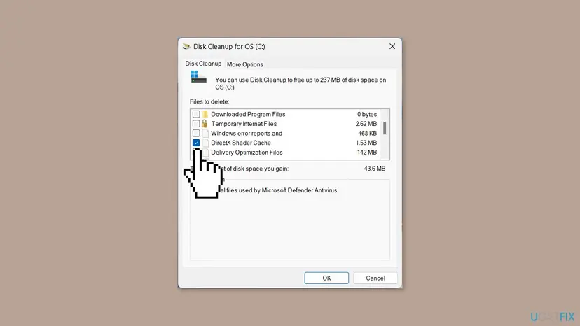 Disk Cleanup for OS (C:) on Windows 11 with only the DirectX Shader Cache box ticked in the Files to delete list