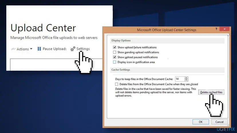Microsoft Office Upload Center Settings window from an older Office version with the Cache Settings section and the Delete cached files button