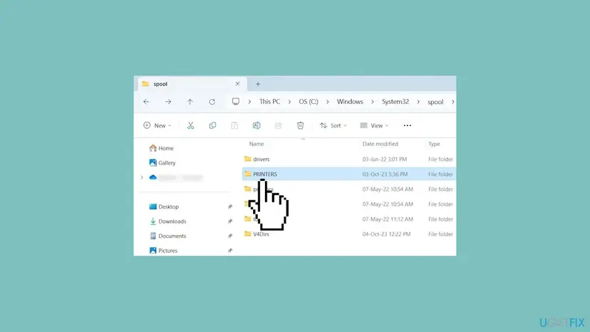 File Explorer on Windows 11 open at This PC, OS (C:), Windows, System32, spool with the drivers, PRINTERS, prtprocs and V4Dirs folders and PRINTERS selected