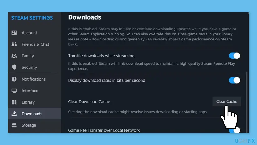 Steam Settings window showing the Downloads section with the Clear Cache button highlighted