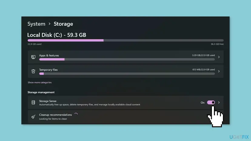 Windows 11 Settings, System, Storage page with Temporary files at 613 MB and the Storage Sense switch turned on