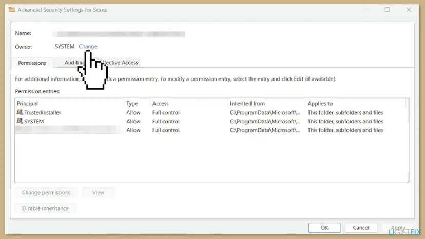 Advanced Security Settings window in Windows 11 with Owner SYSTEM and the Change link next to it, above the permission entries