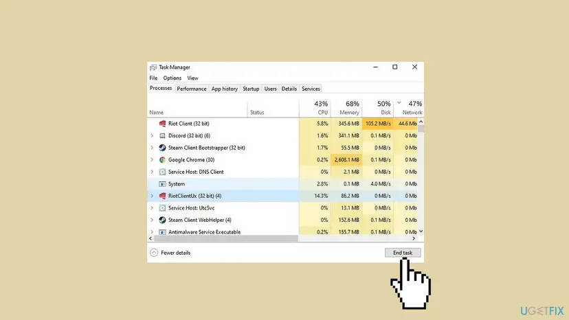 Task Manager Processes tab listing Riot Client (32 bit) and RiotClientUx (32 bit) with the End task button at the bottom right