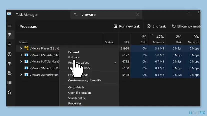 Task Manager on Windows 11 filtered by vmware, with the right-click menu of VMware Player open on End task and VMware services listed below