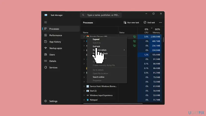 Task Manager in Windows 11 on the Processes tab with the right-click menu of Google Chrome open and End task highlighted