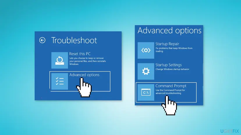 Windows Troubleshoot menu with Advanced options and Command Prompt selected