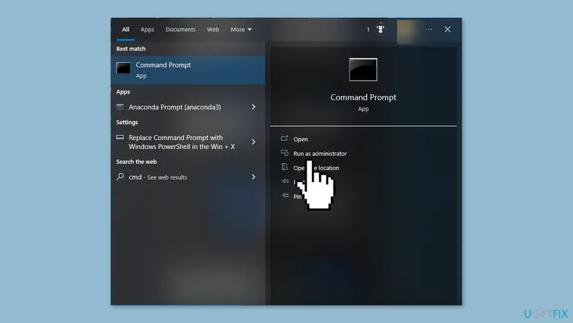 Windows search results for cmd with Command Prompt selected and the Run as administrator option in the right panel