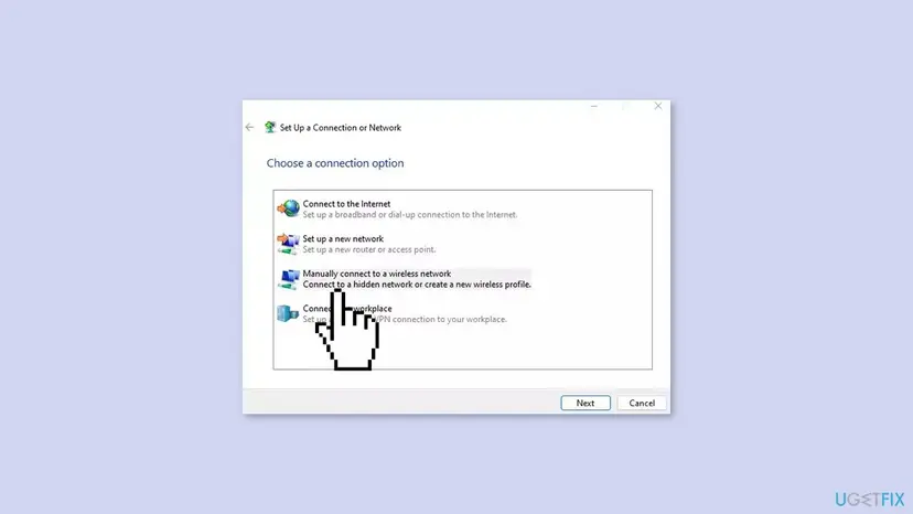 Set Up a Connection or Network window in Windows 11 with Manually connect to a wireless network selected and the Next button
