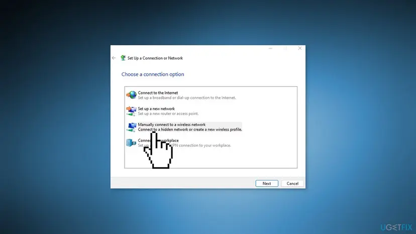 Set Up a Connection or Network window in Windows with the option Manually connect to a wireless network selected