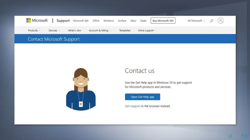 Microsoft Support Contact us page with an Open Get Help app button and a Get support in the browser link