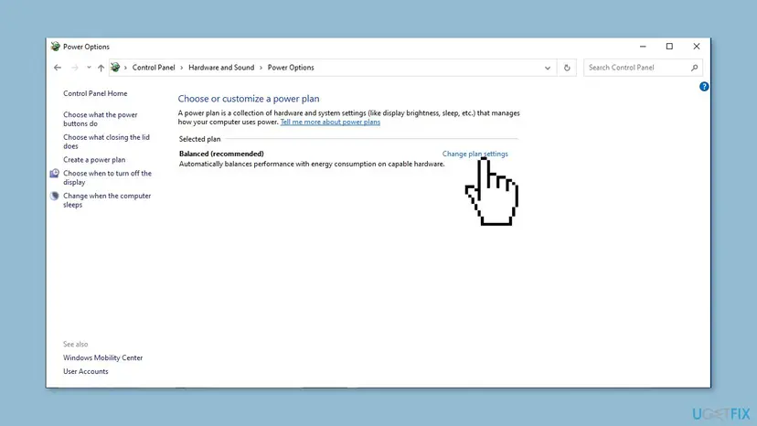 Control Panel Power Options window with the Balanced plan selected and the Change plan settings link next to it