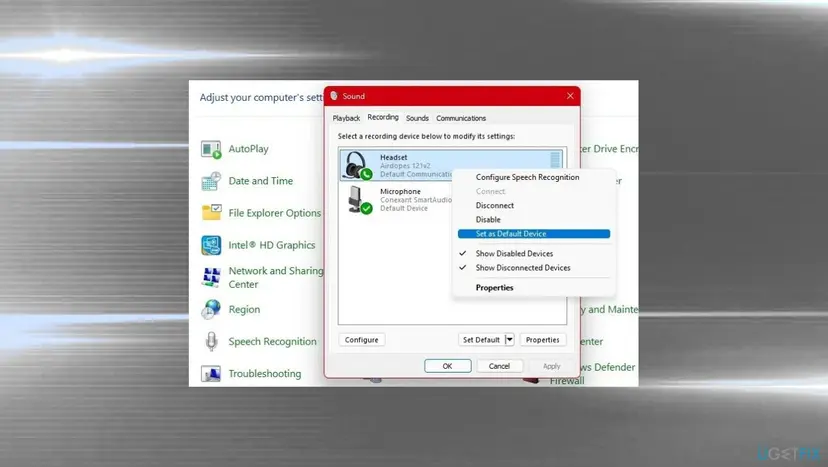 Control Panel Sound window on the Recording tab with a headset microphone right-clicked and Set as Default Device in the menu