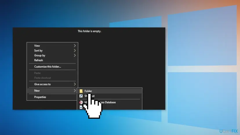File Explorer context menu on an empty USB drive with New expanded and Folder highlighted to create a new folder
