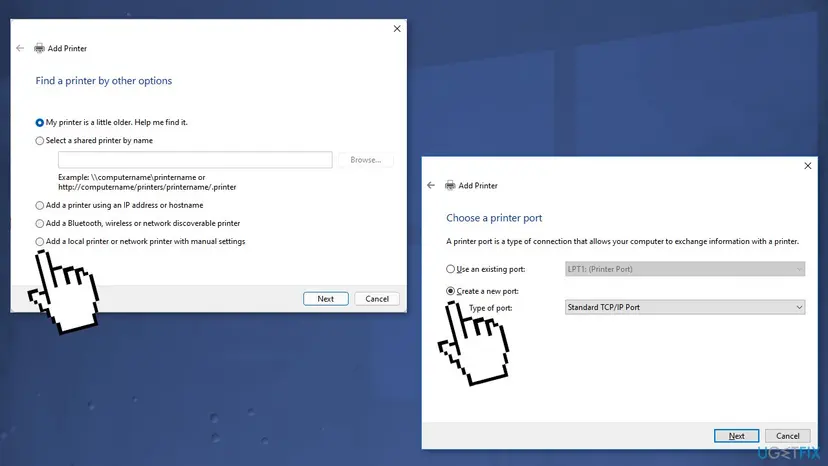 Add Printer wizard with Find a printer by other options listing Select a shared printer by name and Add a printer using an IP address or hostname, next to Choose a printer port with Standard TCP/IP Port