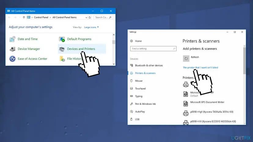 Control Panel with Devices and Printers highlighted next to Windows 10 Printers & scanners settings with The printer that I want isn't listed link