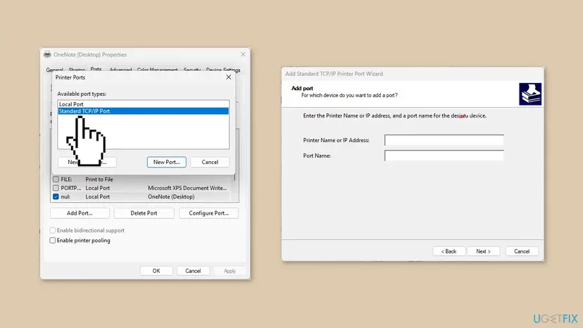 Printer Ports dialog with Standard TCP/IP Port selected and the Add Standard TCP/IP Printer Port Wizard asking for the printer name or IP address