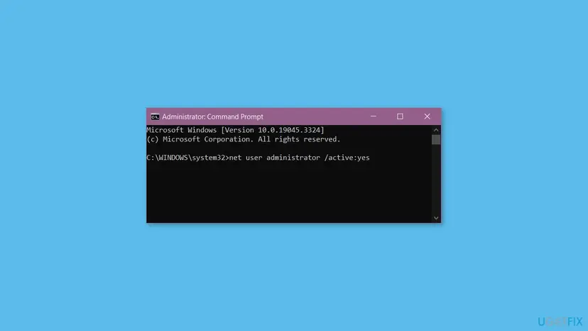 Administrator Command Prompt window with the command net user administrator /active:yes typed at the prompt
