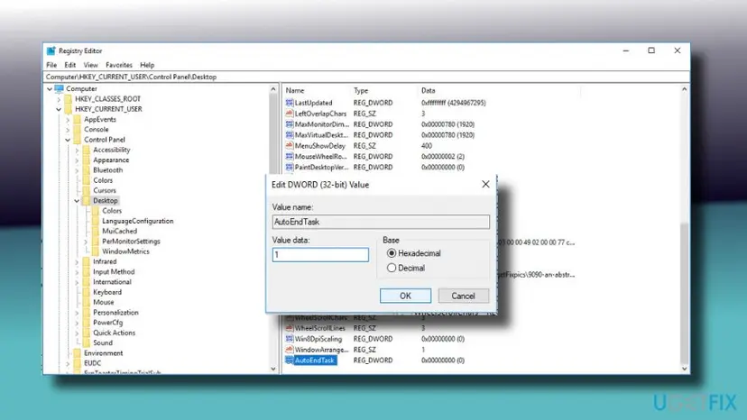 Windows 10 Registry Editor with the Edit value dialog open for the AutoEndTasks entry under Control Panel Desktop, Value data set to 1