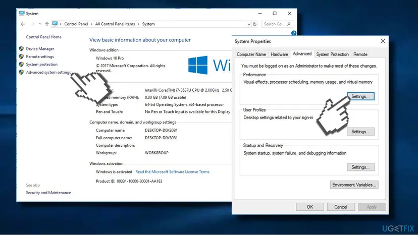 System window with Advanced system settings and the System Properties Advanced tab with the Performance Settings button highlighted