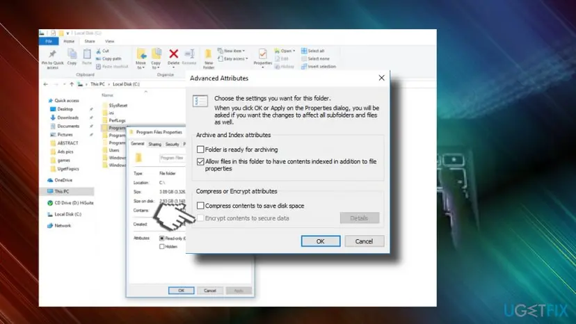 Advanced Attributes window of a folder in File Explorer with the Compress contents and Encrypt contents to secure data check boxes and the Details button