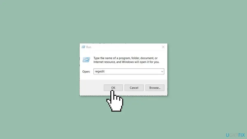 Run box in Windows with regedit typed in the Open field and the buttons OK, Cancel and Browse