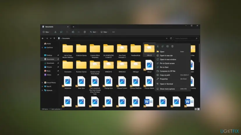 File Explorer on Windows 11 at the Documents folder with the FIFA 23 folder selected and its right-click menu open