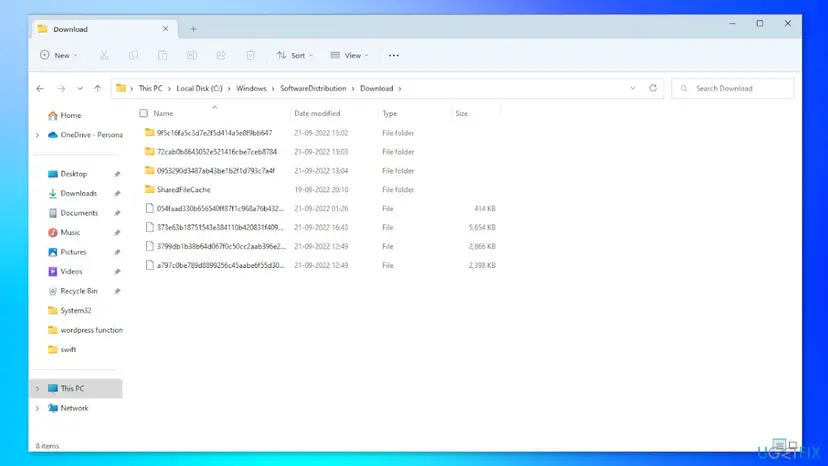File Explorer open at This PC, Local Disk C, Windows, SoftwareDistribution, Download, with folders and files of downloaded Windows updates