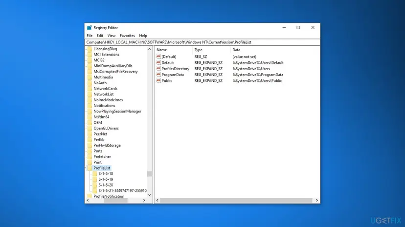 Registry Editor open at the ProfileList key, with profile subkeys in the left pane and the ProfileImagePath value on the right
