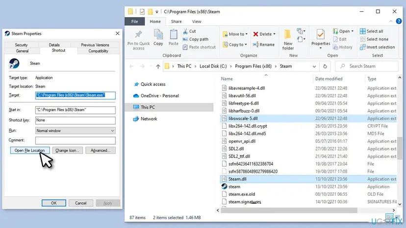 Steam shortcut Properties window next to File Explorer showing the Steam folder with steamui.dll and a libswscale file