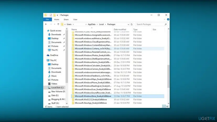 File Explorer showing the Packages folder with the Microsoft.WindowsStore folder selected, where the LocalCache folder is emptied