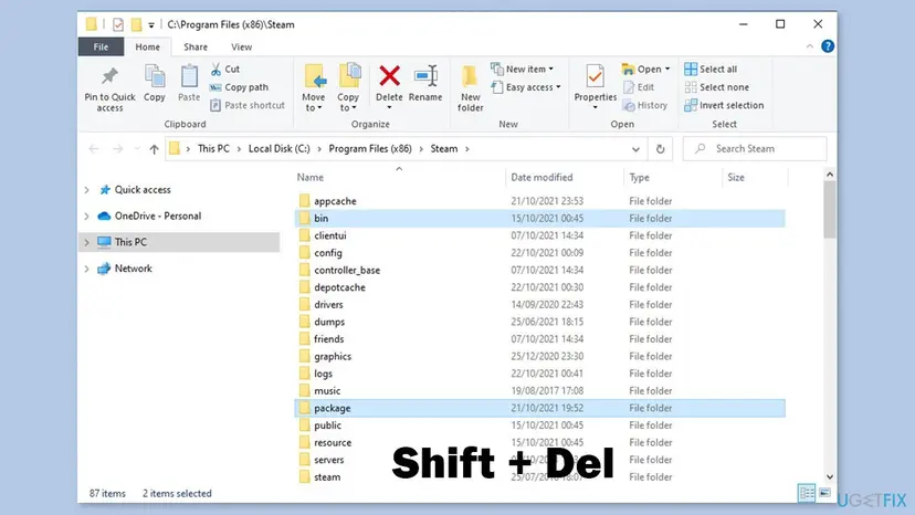 File Explorer showing the Steam folder with the bin and package folders selected next to steamapps