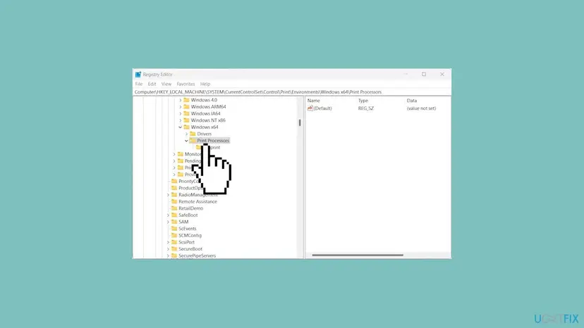 Registry Editor on Windows 11 open at Control, Print, Environments, Windows x64, Print Processors with only the winprint subkey below it
