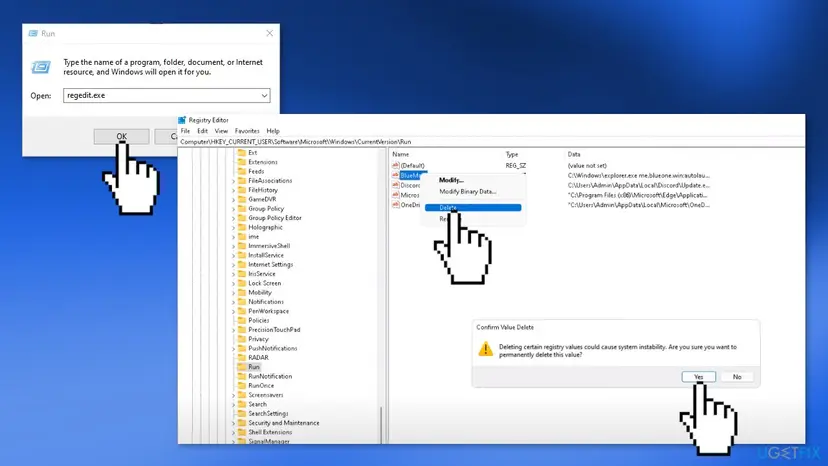 Run box with regedit.exe, then Registry Editor at HKEY_CURRENT_USER Software Microsoft Windows CurrentVersion Run with the BlueMail value selected, its Delete menu and the Confirm Value Delete box