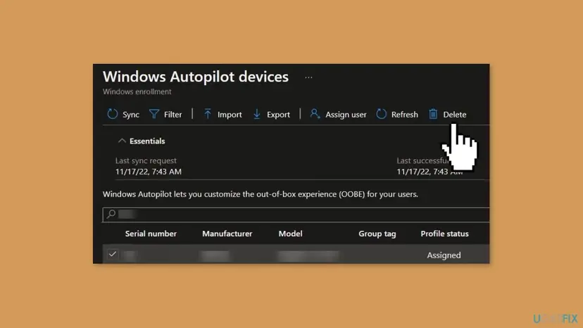 Windows Autopilot devices list in Intune with one device selected and the Delete button highlighted next to Sync, Import, Export, Assign user and Refresh